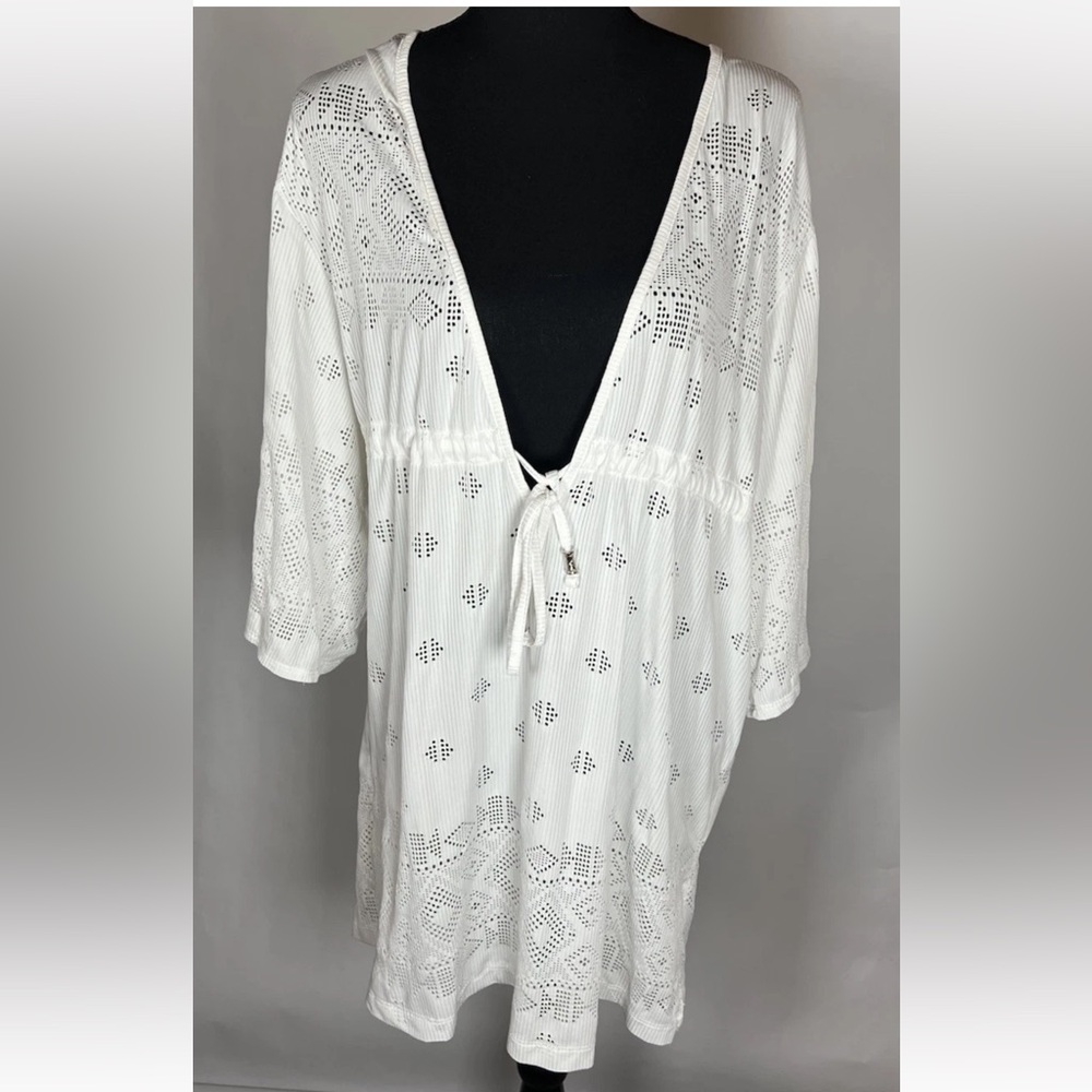 Dotti White 3/4 Sleeve V-Neck Dress Swimsuit Cover Up SzL